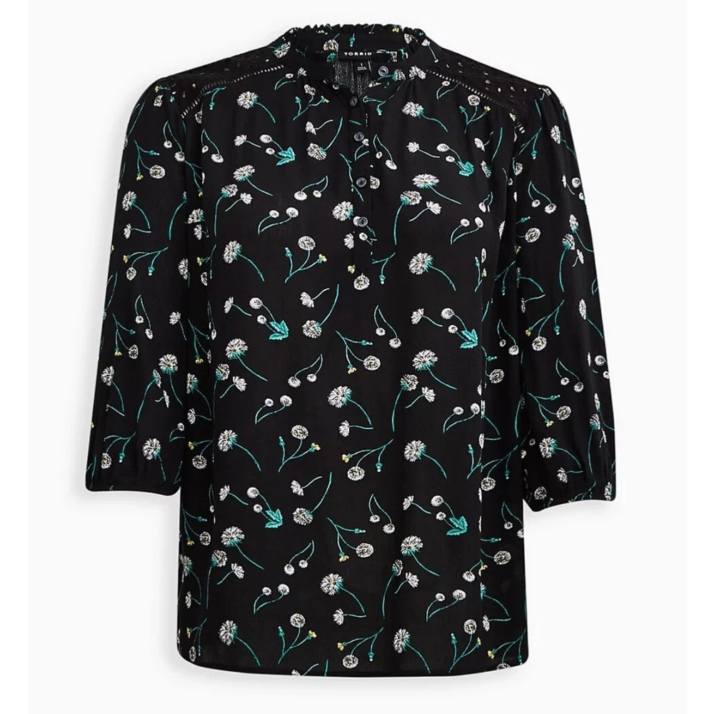 Torrid 3X Black Floral Gauze Eyelet Shoulder Henley Top Witchy Dark Cottagecore